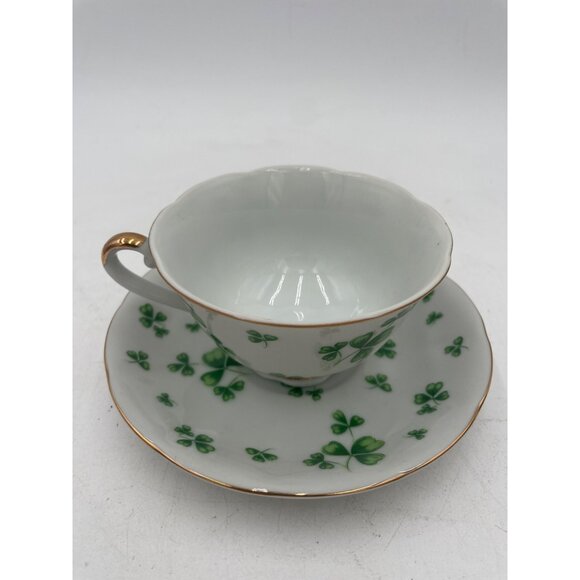 Lefton China Shamrock Tea Cup & Saucer Set With Gold Trim Porcelain - Picture 1 of 6
